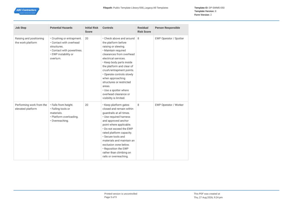 EWP Safe Work Method Statement (SWMS)5