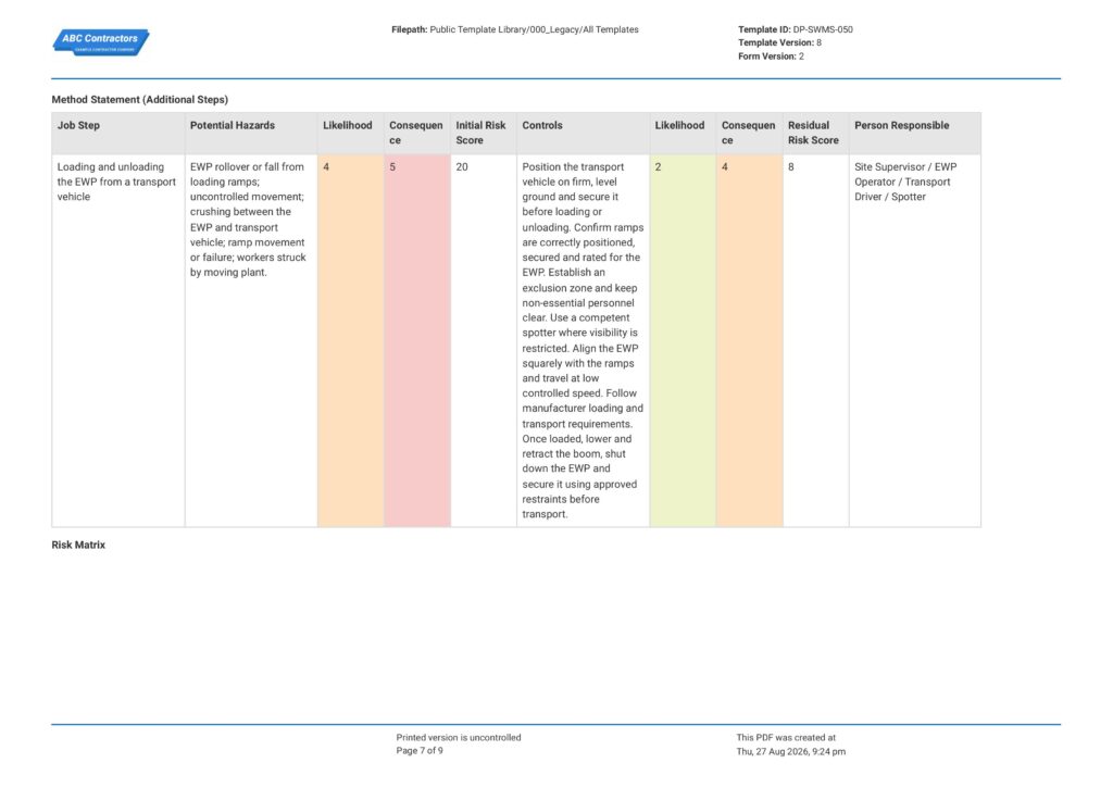 EWP Safe Work Method Statement (SWMS)7