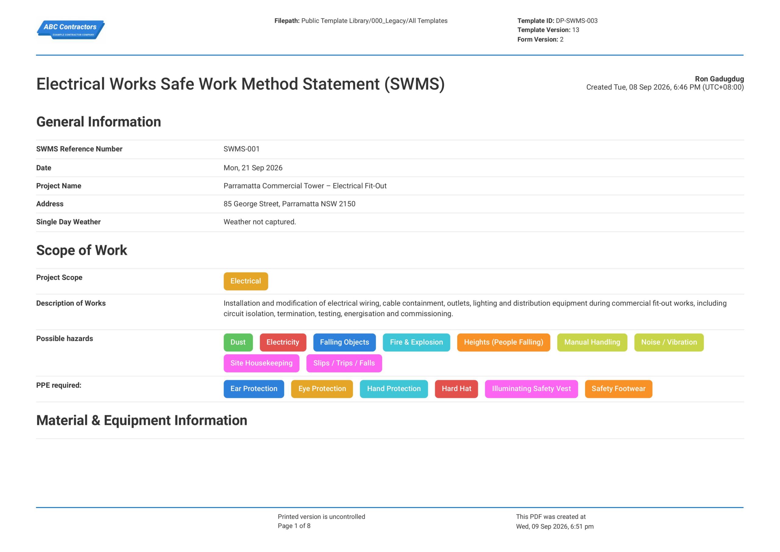 Electrical Works Safe Work Method Statement (SWMS) Template