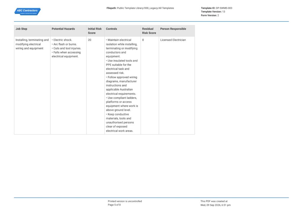 Electrical Works Safe Work Method Statement (SWMS)5