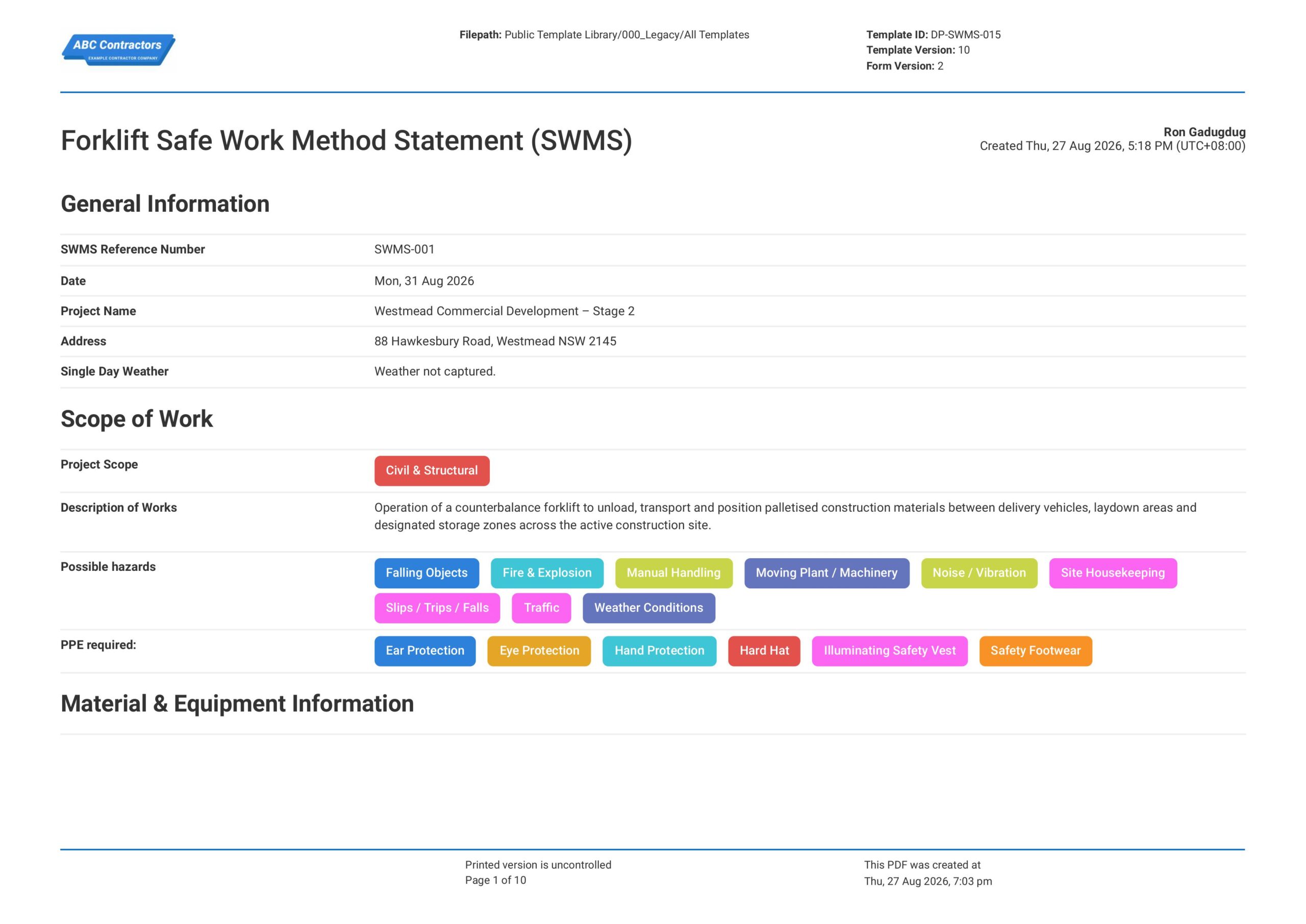 Forklift Safe Work Method Statement (SWMS) Template