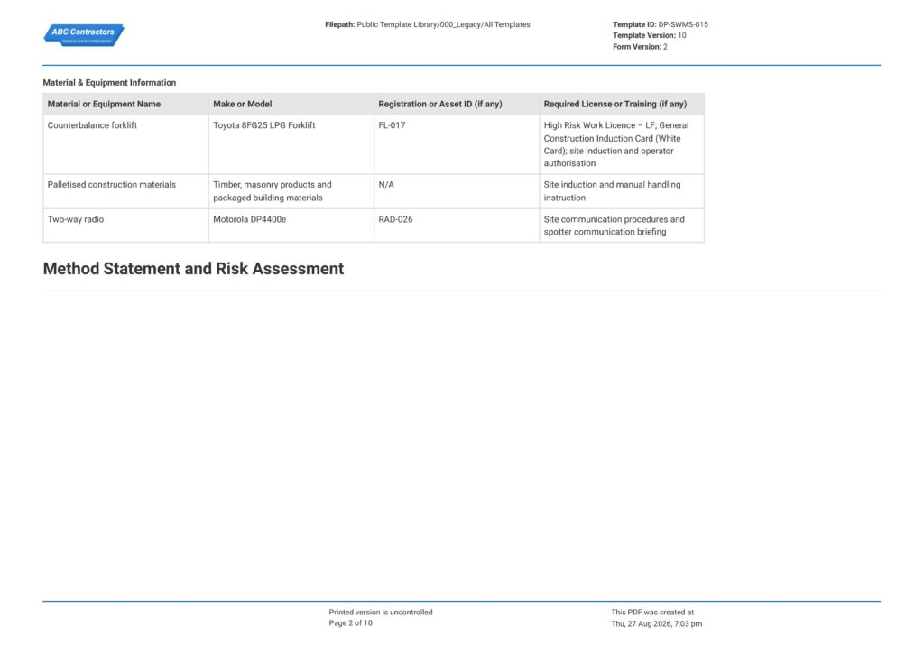Forklift Safe Work Method Statement (SWMS)2