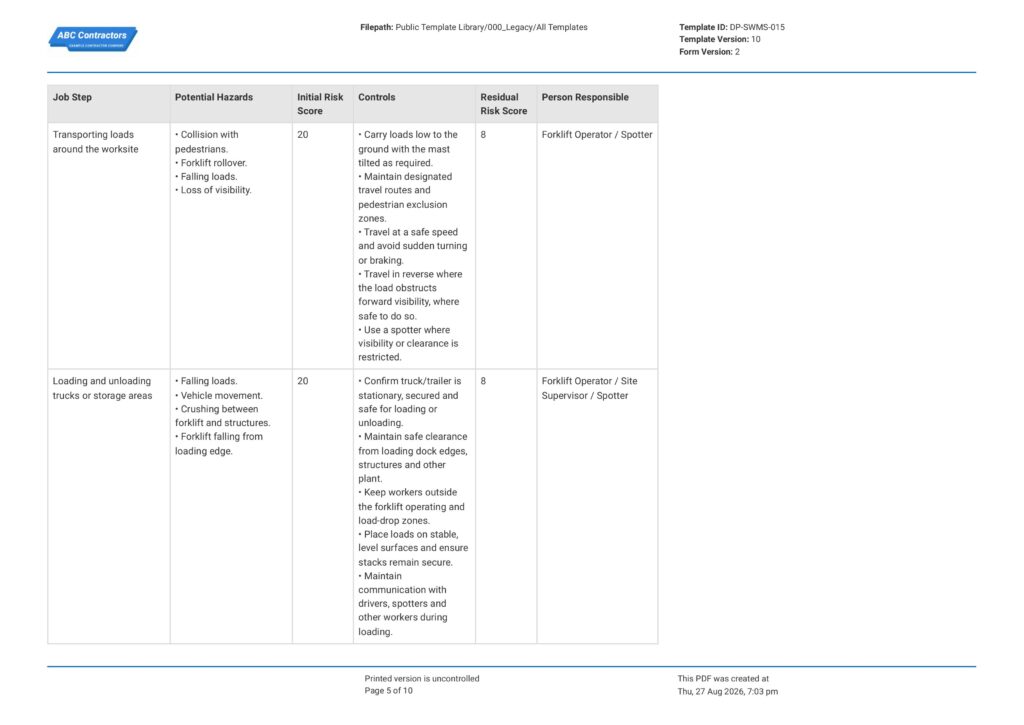 Forklift Safe Work Method Statement (SWMS)5