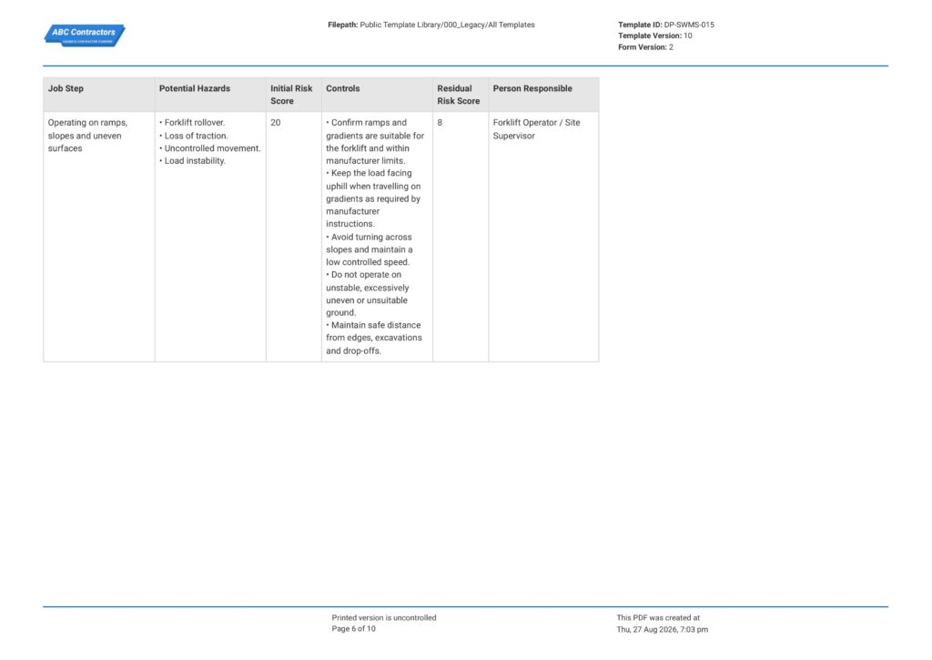 Forklift Safe Work Method Statement (SWMS)6