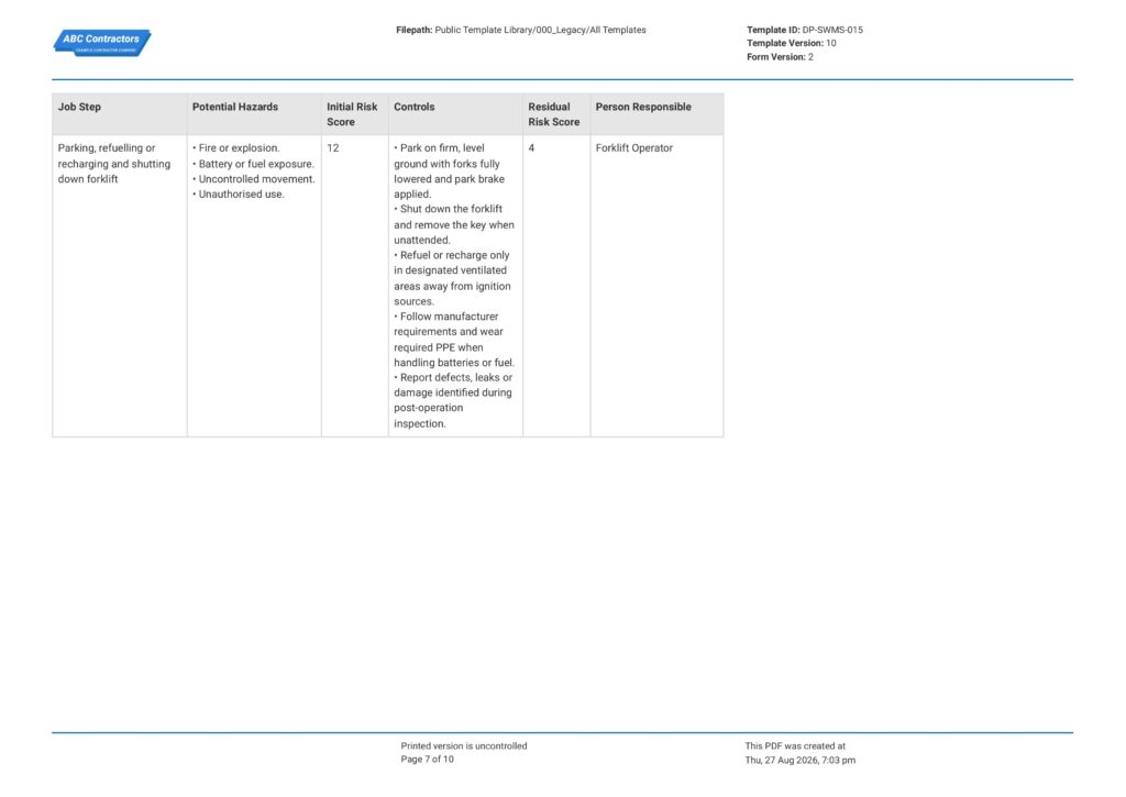 Forklift Safe Work Method Statement (SWMS)7