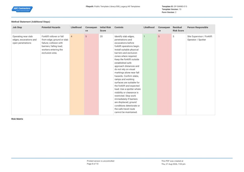 Forklift Safe Work Method Statement (SWMS)8