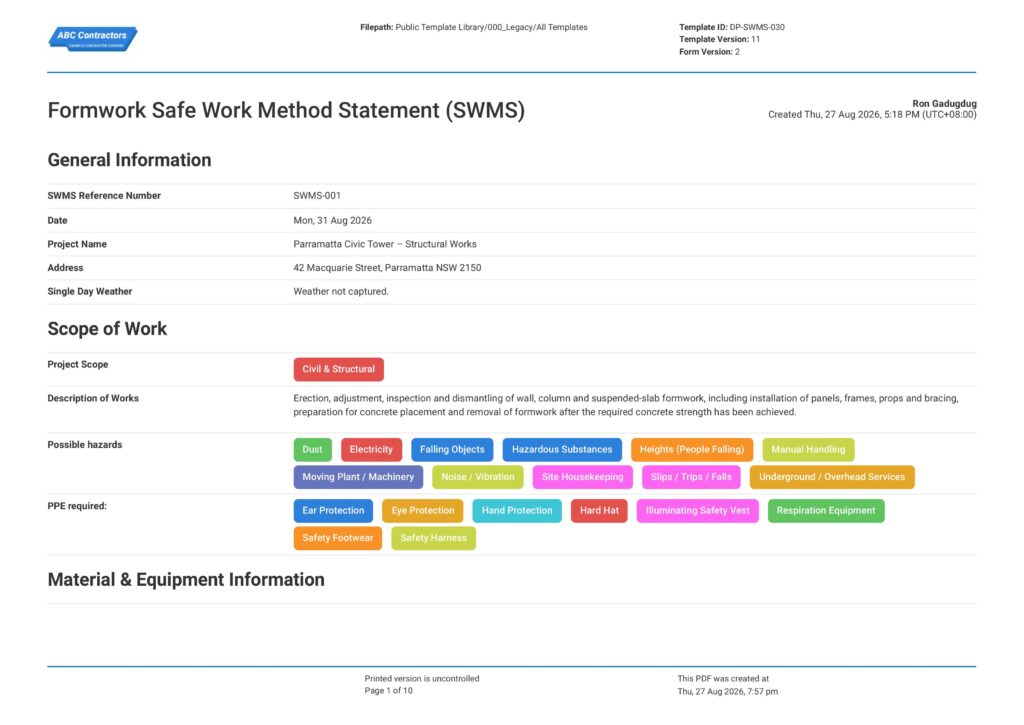 Formwork Safe Work Method Statement (SWMS)1