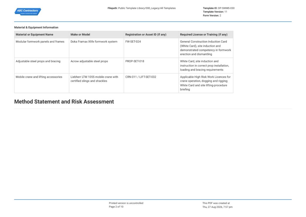 Formwork Safe Work Method Statement (SWMS)2