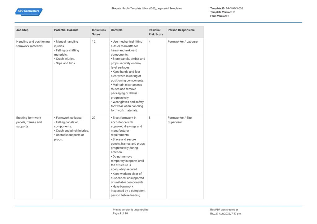 Formwork Safe Work Method Statement (SWMS)4