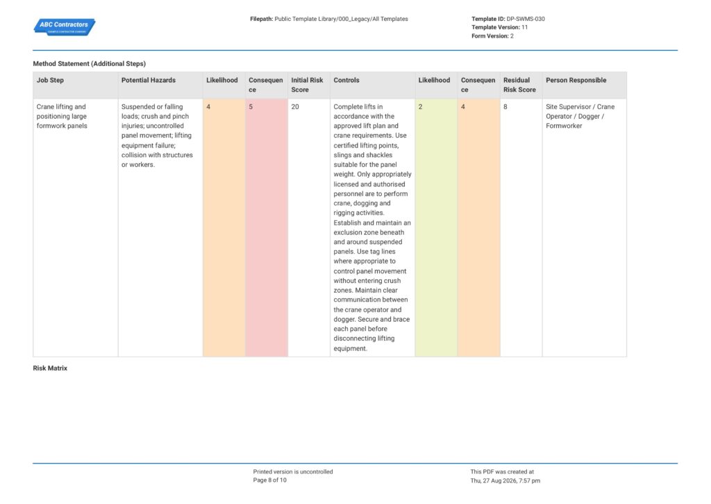 Formwork Safe Work Method Statement (SWMS)8