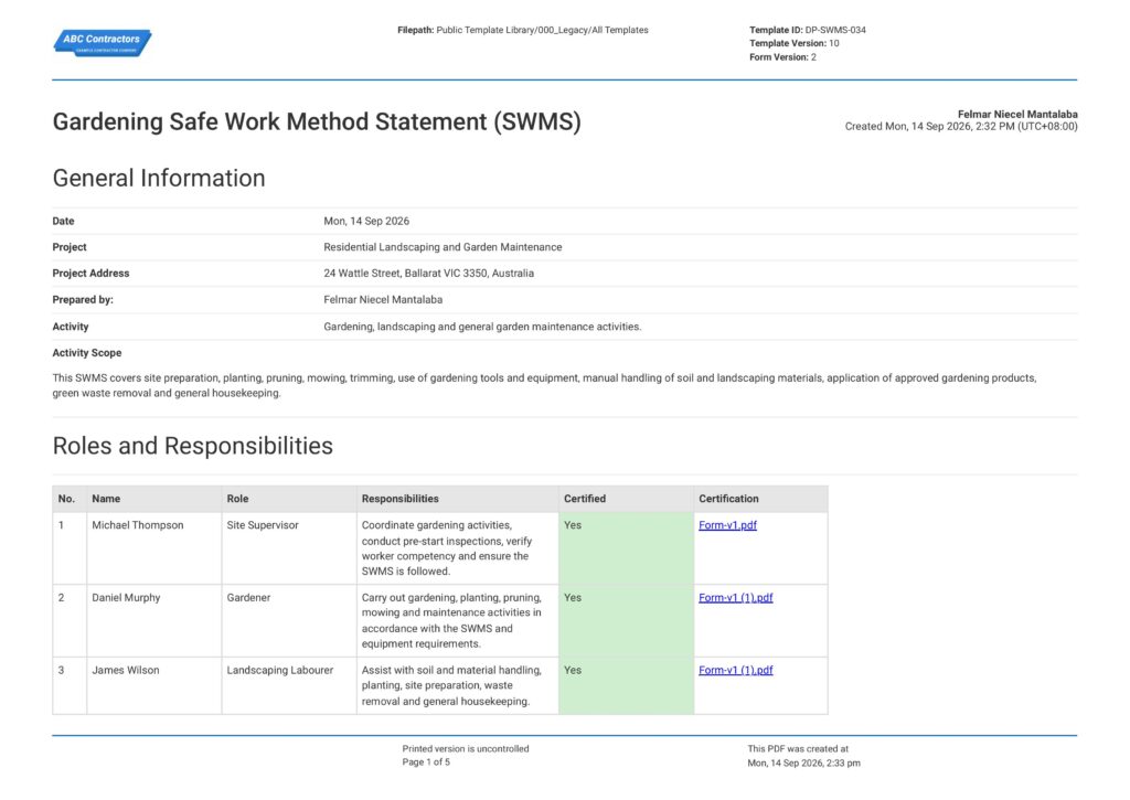 Gardening Safe Work Method Statement