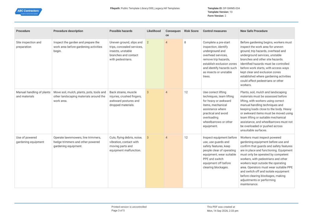 Gardening Safe Work Method Statement