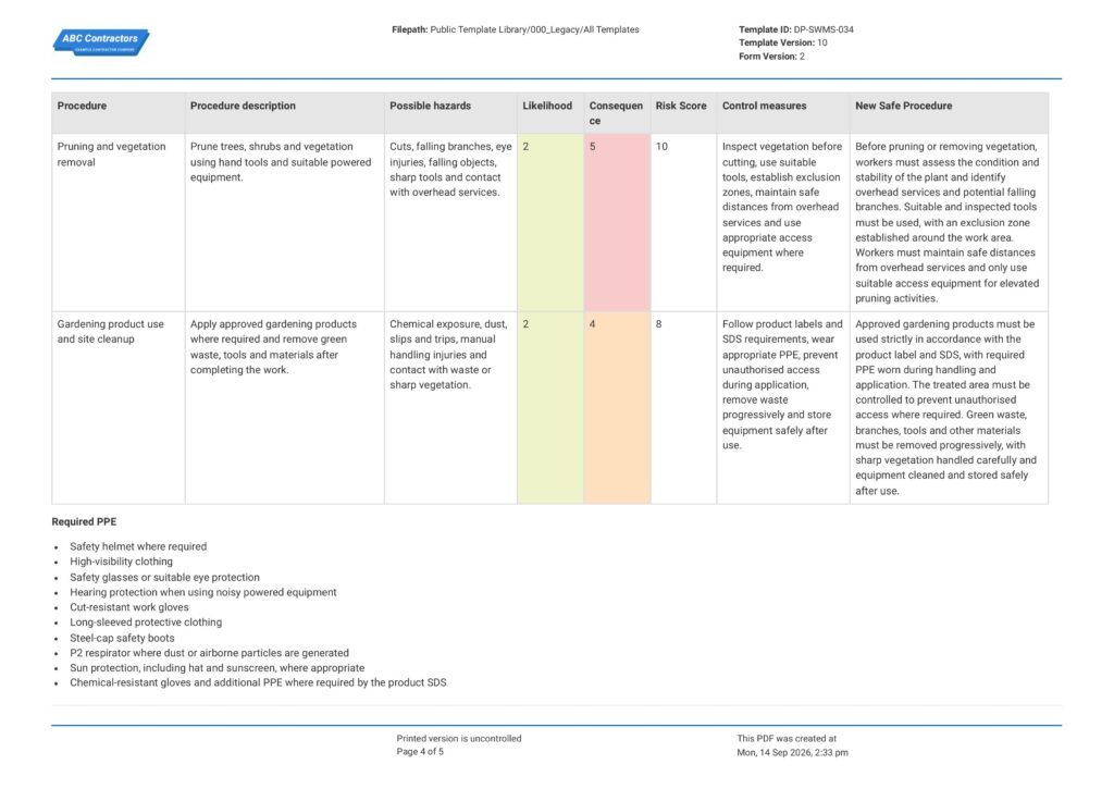 Gardening Safe Work Method Statement