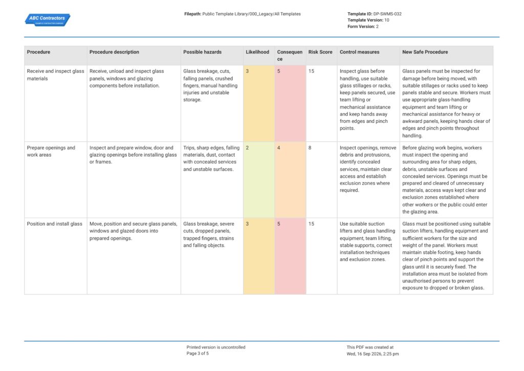 Glazing Safe Work Method Statement