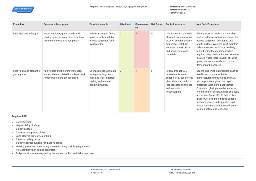 Glazing Safe Work Method Statement