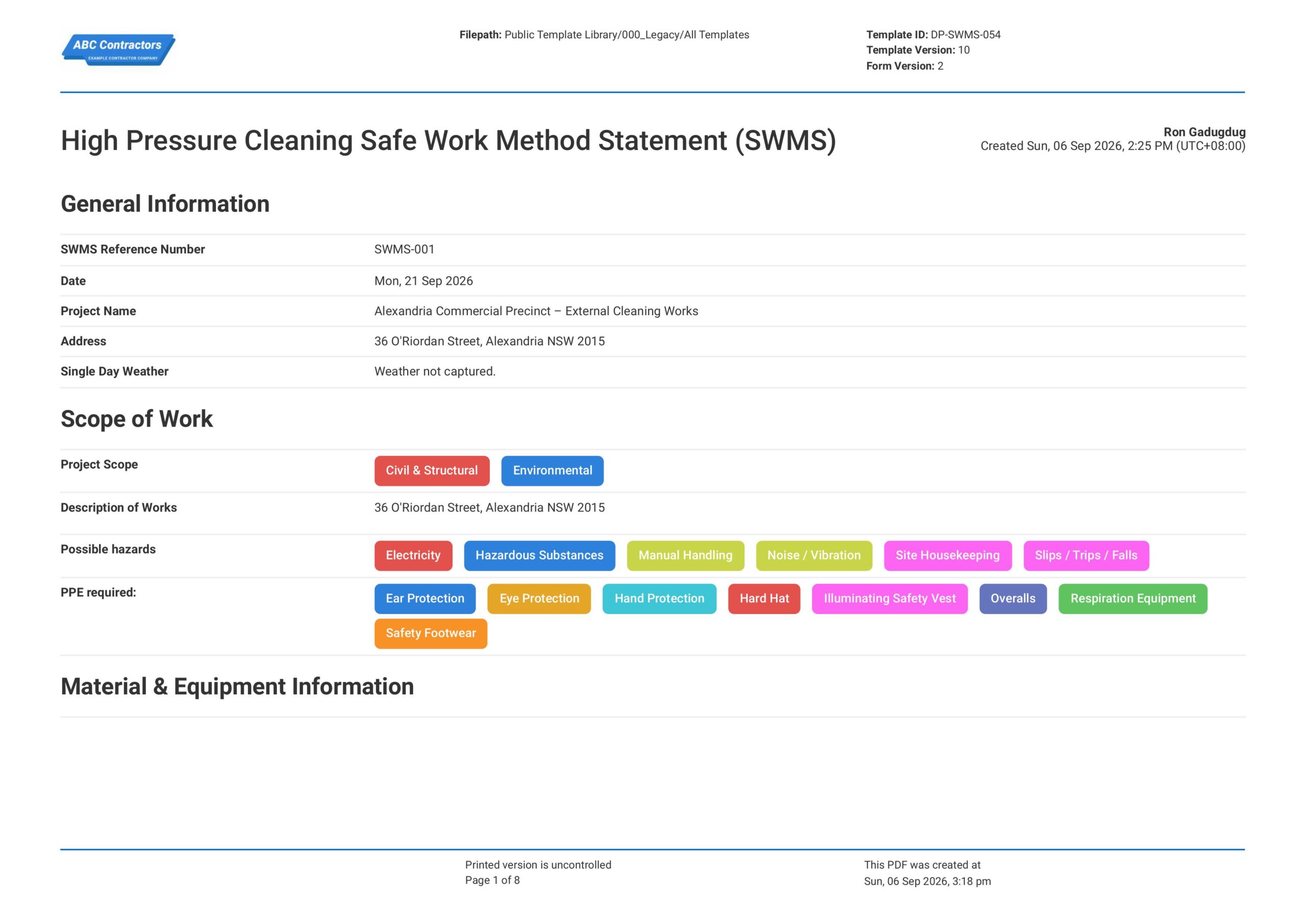 High Pressure Cleaning Safe Work Method Statement (SWMS)