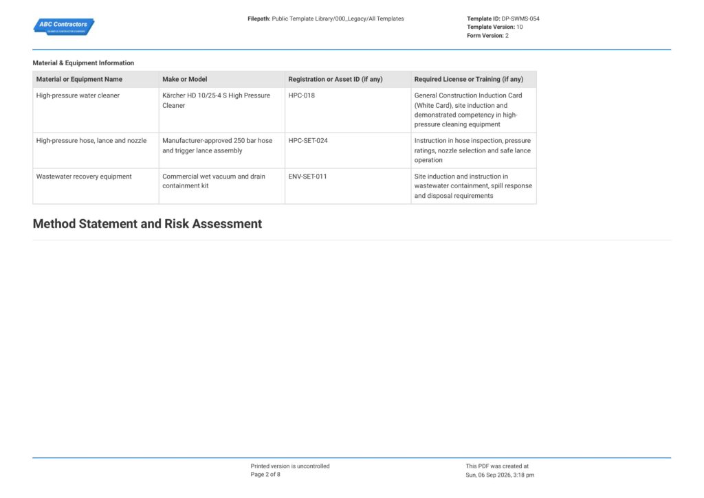 High Pressure Cleaning Safe Work Method Statement (SWMS)2