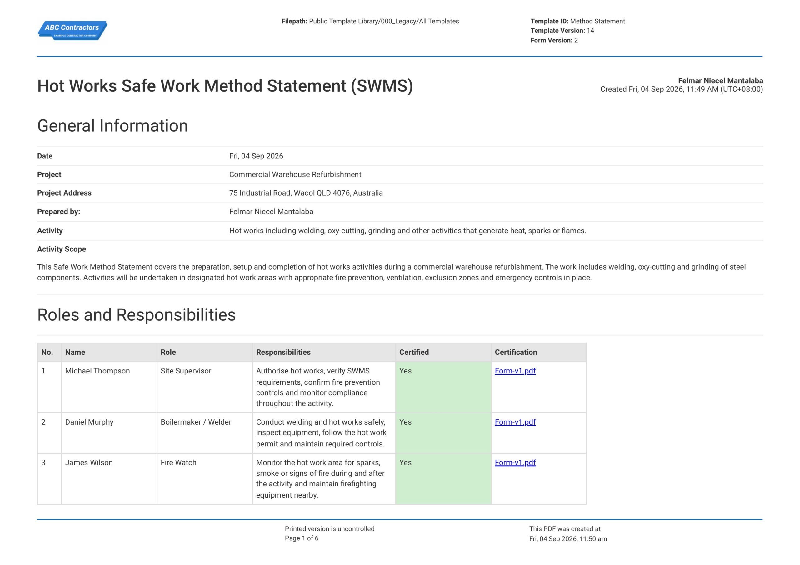 Hot Works Safe Work Method Statement Template