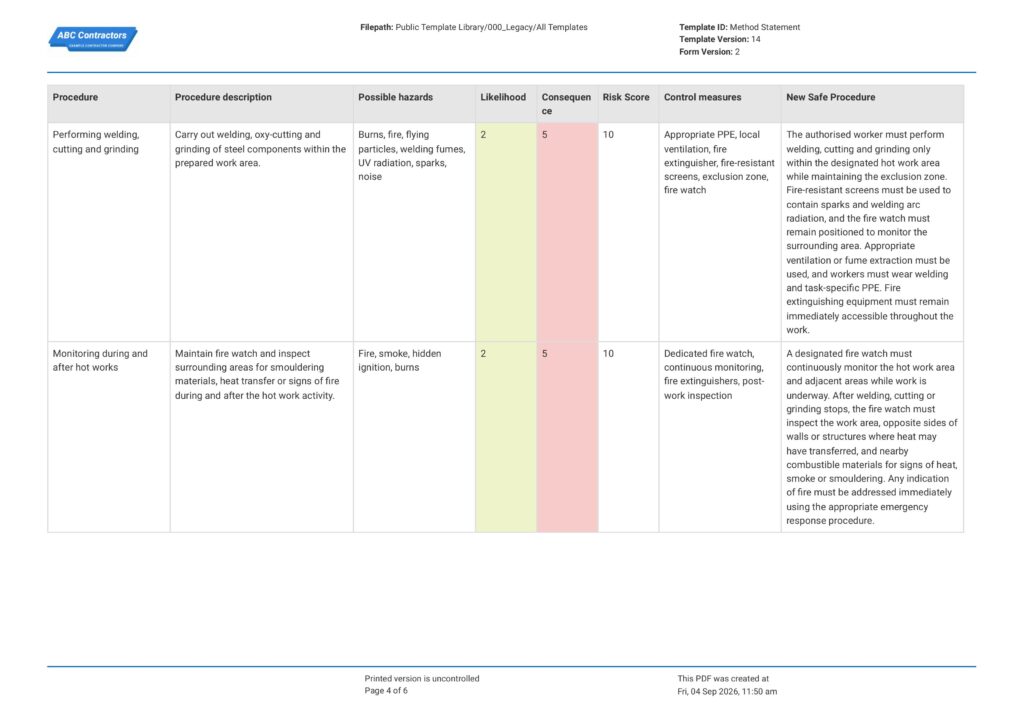 Hot Works Safe Work Method Statement