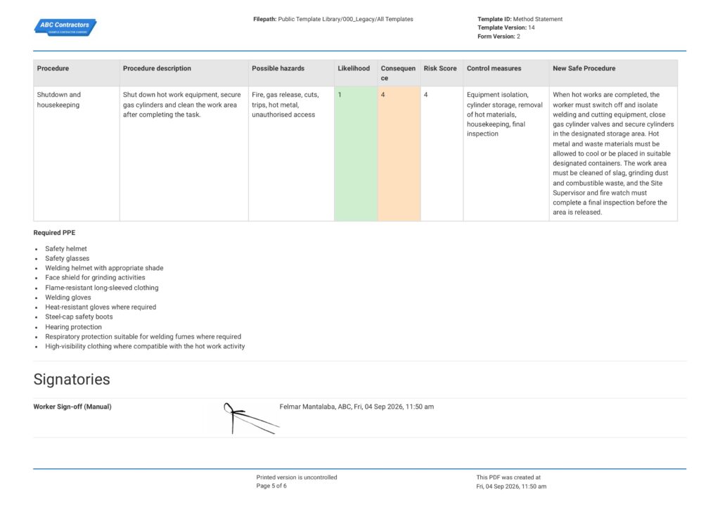 Hot Works Safe Work Method Statement