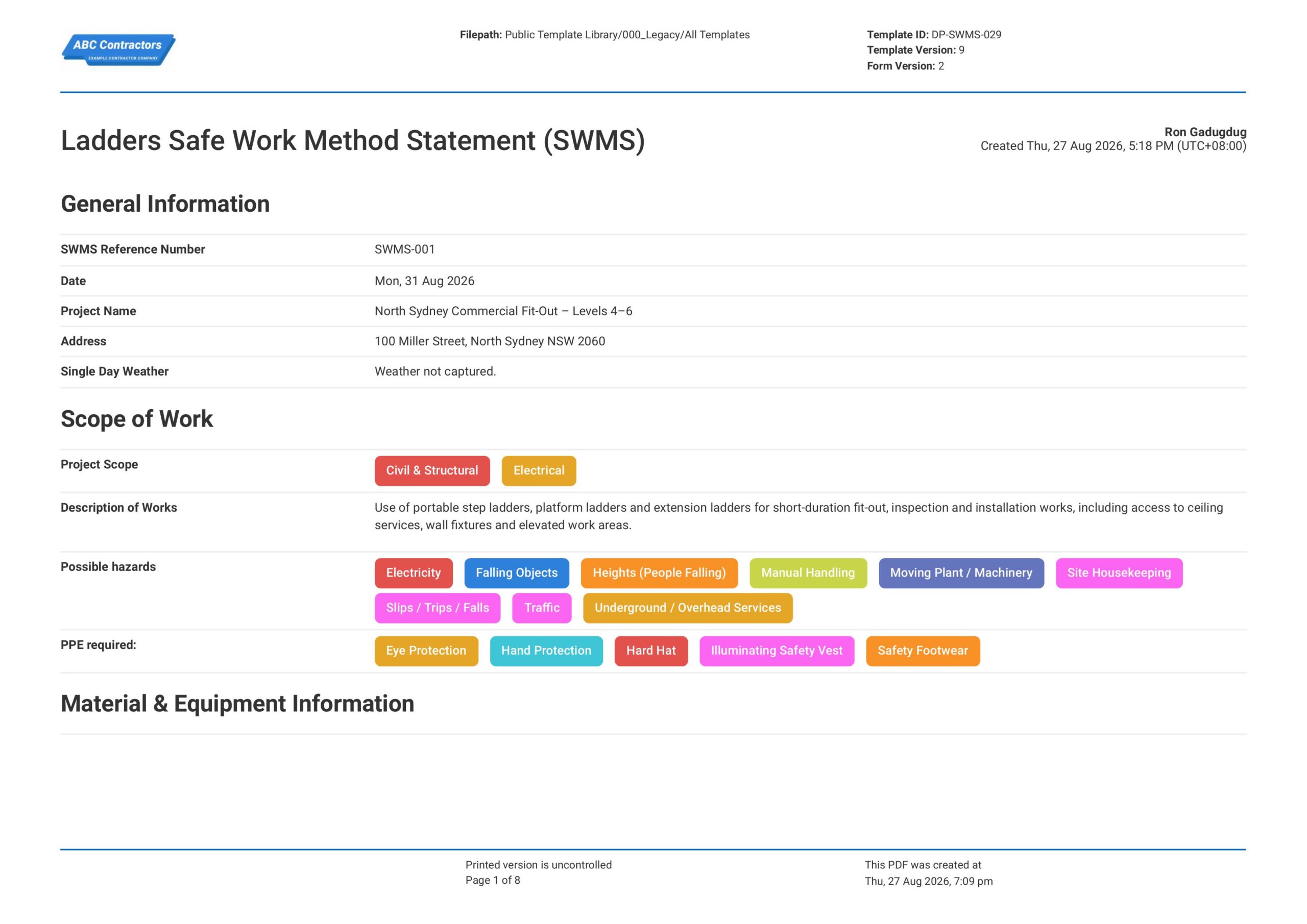 Ladder Safe Work Method Statement (SWMS) Template