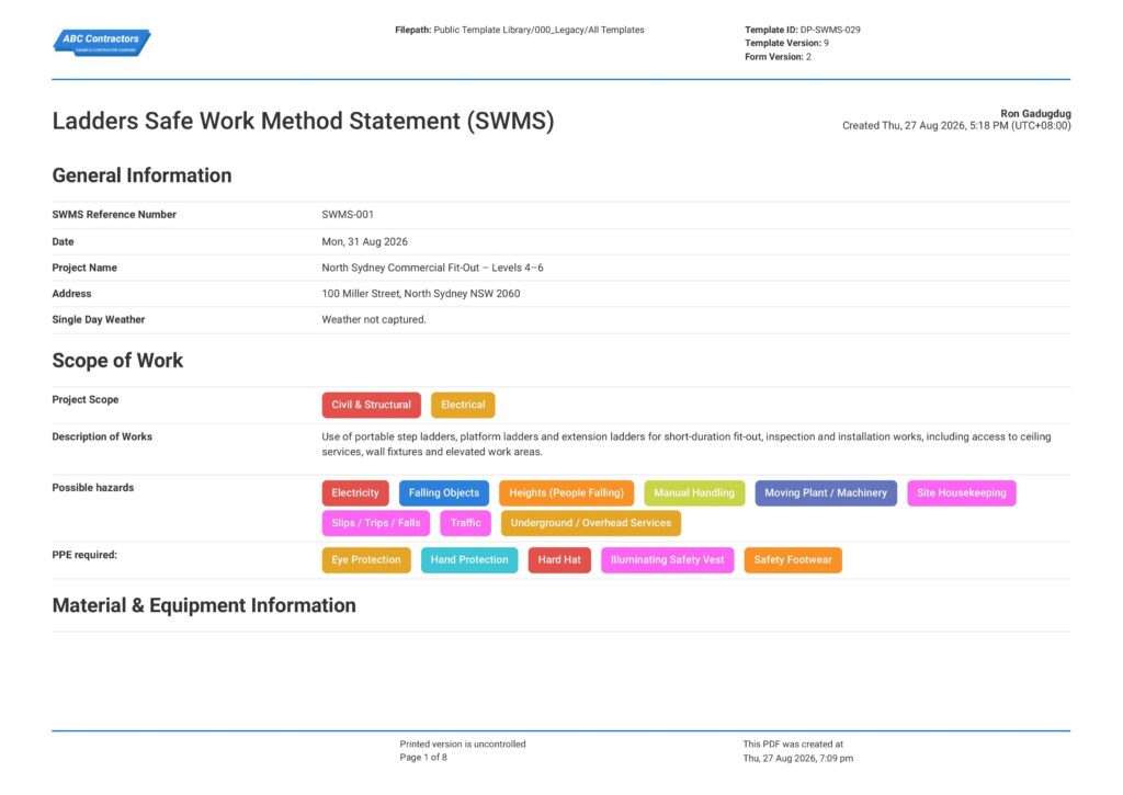 Ladders Safe Work Method Statement (SWMS)1