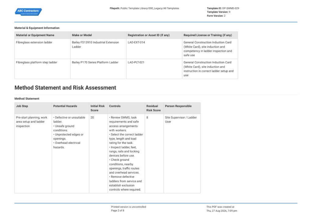 Ladders Safe Work Method Statement (SWMS)2
