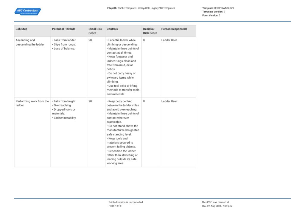 Ladders Safe Work Method Statement (SWMS)4