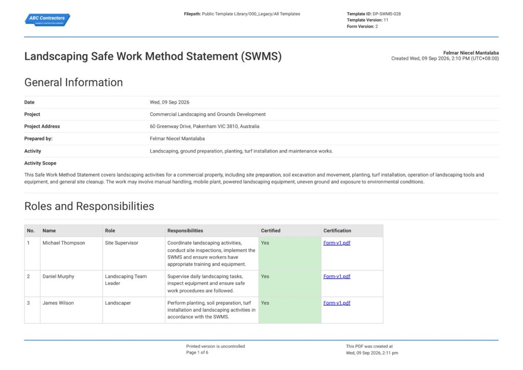 Landscaping Safe Work Method Statement