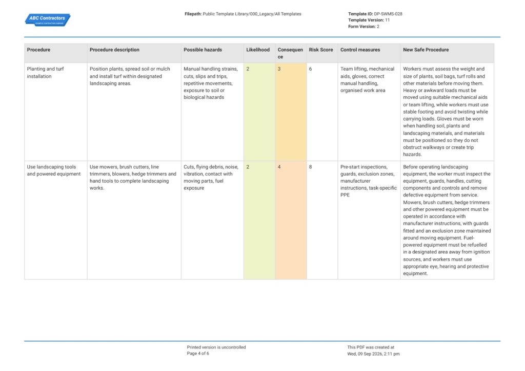 Landscaping Safe Work Method Statement