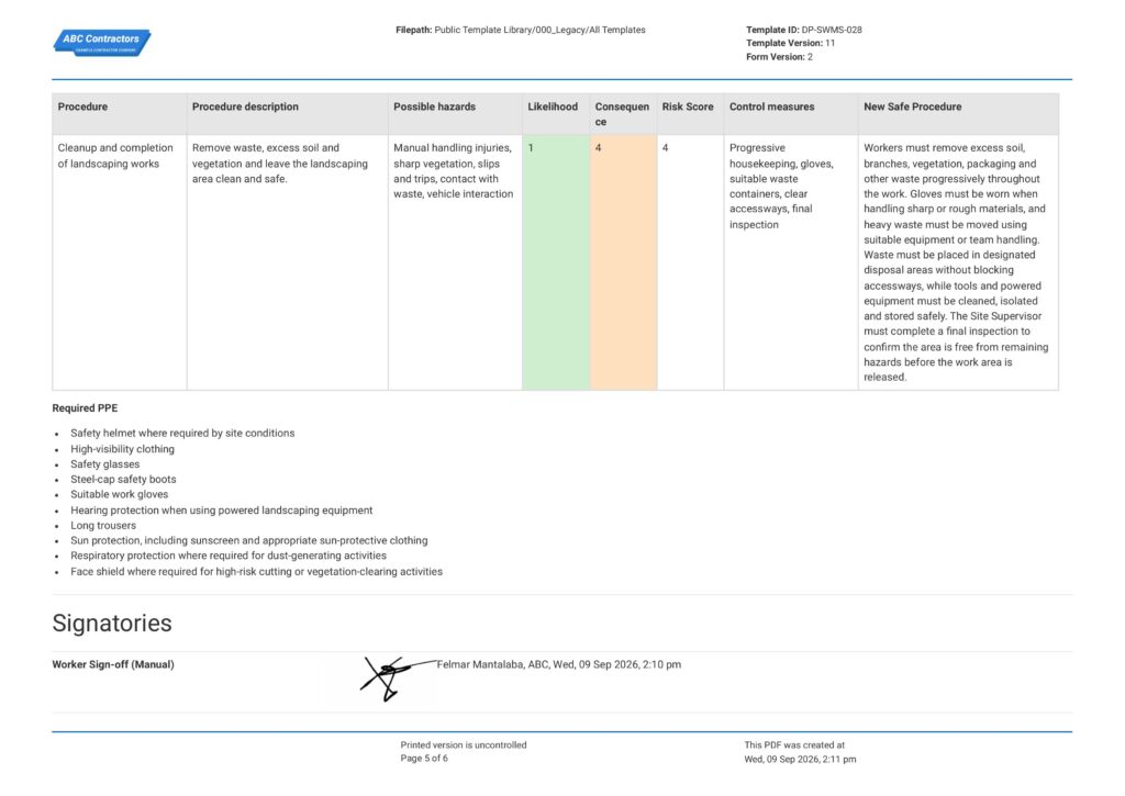 Landscaping Safe Work Method Statement