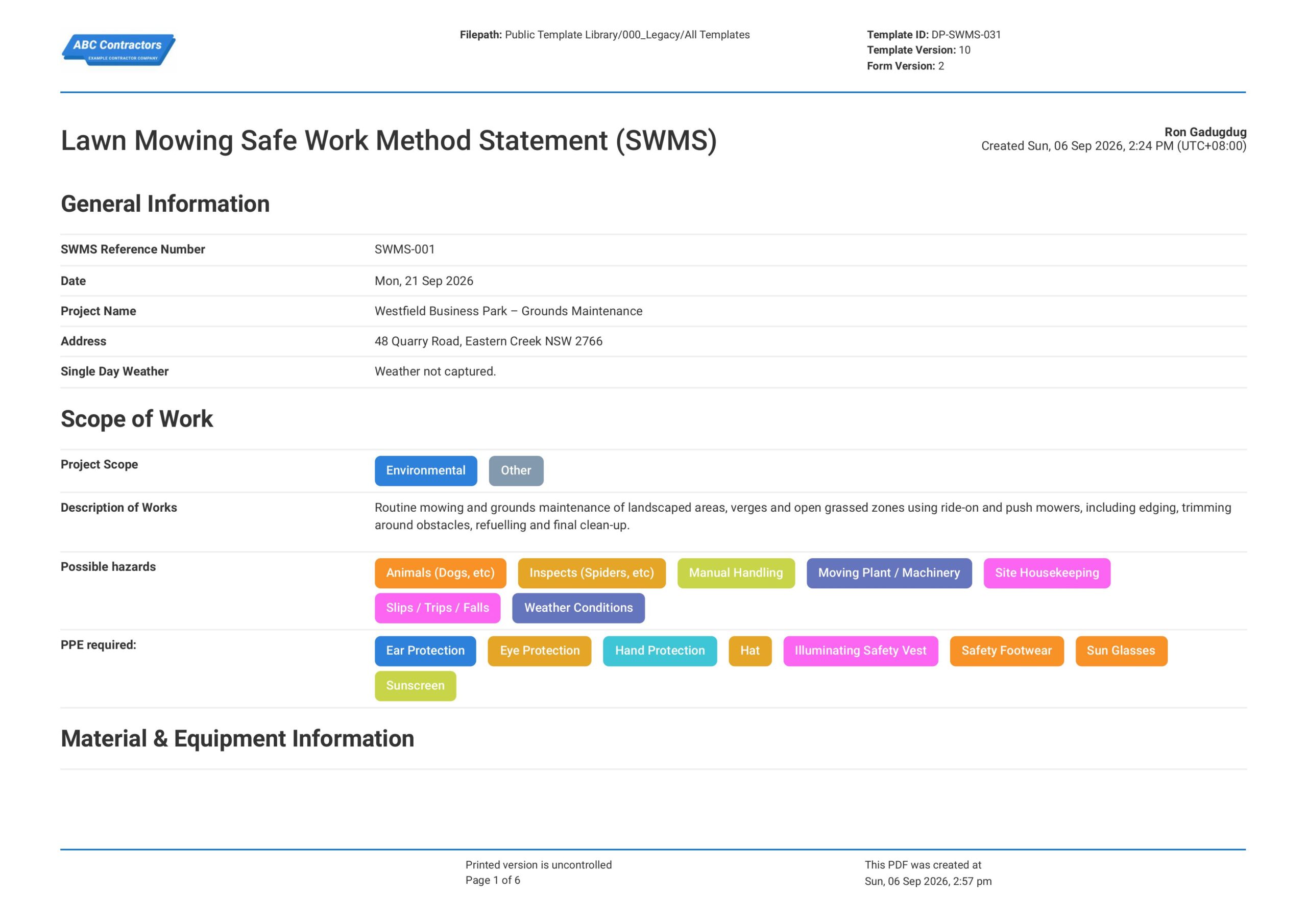 Lawn Mowing Safe Work Method Statement (SWMS) Template