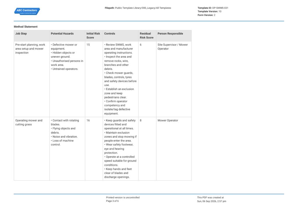 Lawn Mowing Safe Work Method Statement (SWMS)3