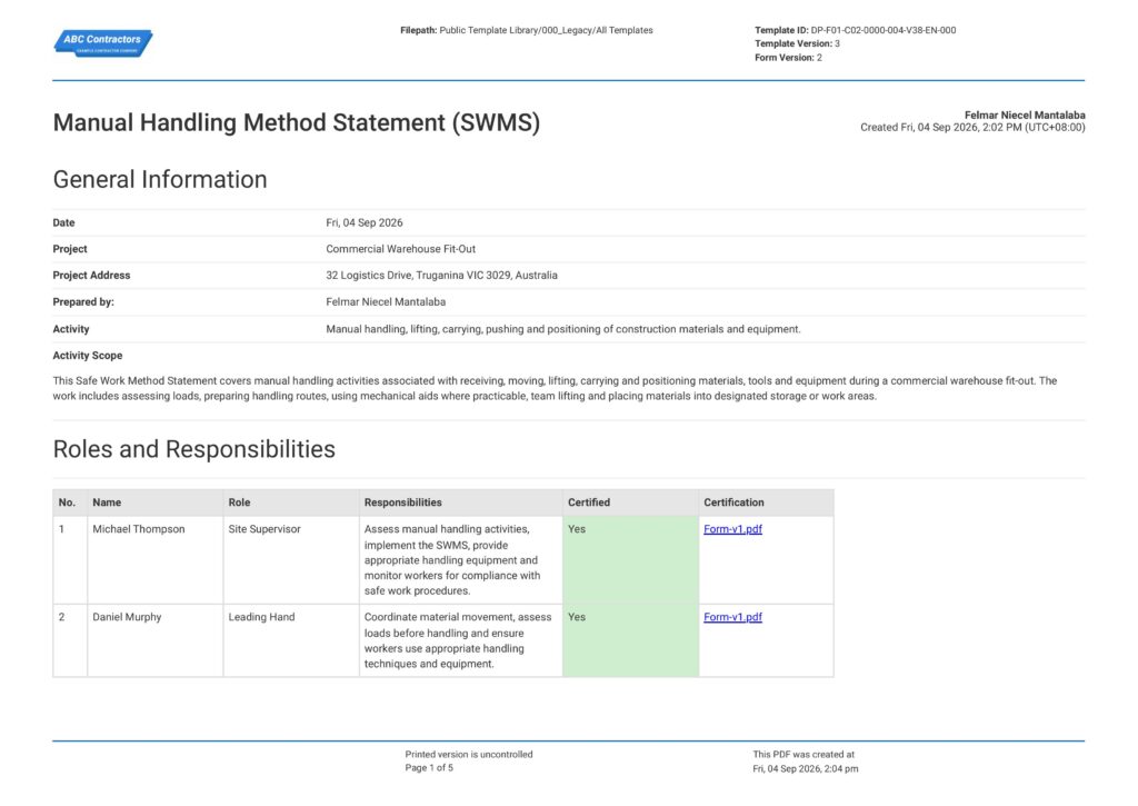 Manual Handling Safe Work Method Statement