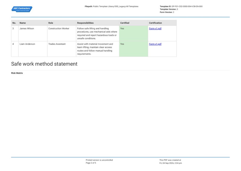 Manual Handling Safe Work Method Statement