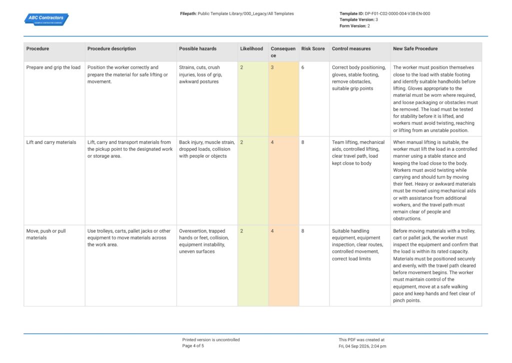 Manual Handling Safe Work Method Statement