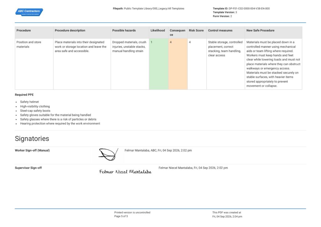 Manual Handling Safe Work Method Statement