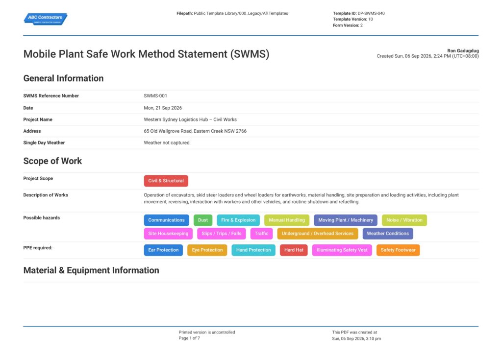 Mobile Plant Safe Work Method Statement (SWMS)1