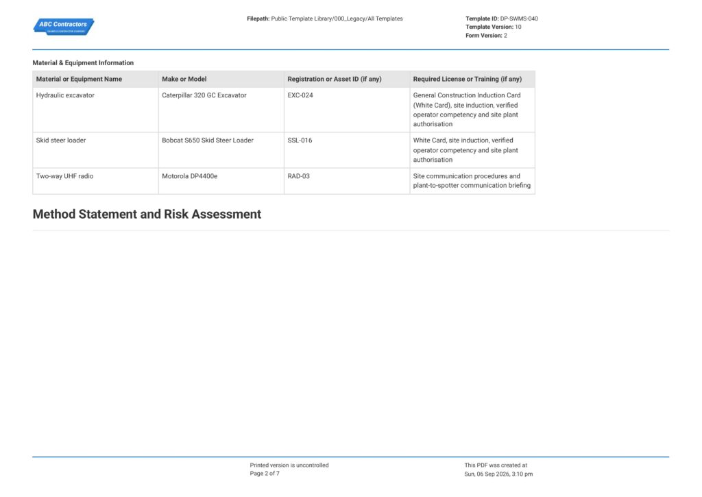 Mobile Plant Safe Work Method Statement (SWMS)2