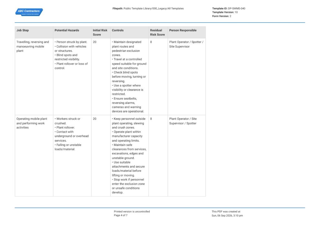 Mobile Plant Safe Work Method Statement (SWMS)4