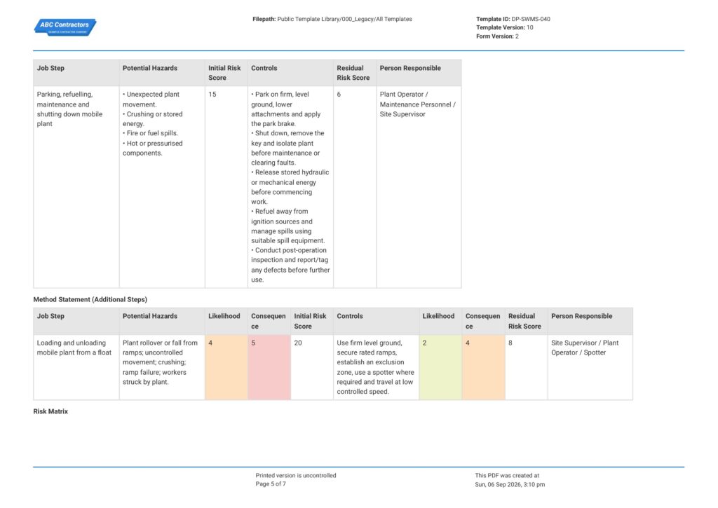 Mobile Plant Safe Work Method Statement (SWMS)5