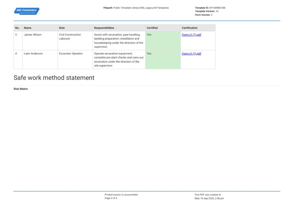 Pipe Laying Safe Work Method Statement