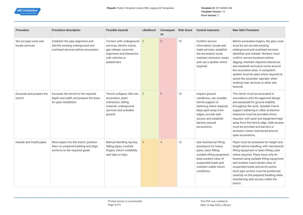 Pipe Laying Safe Work Method Statement