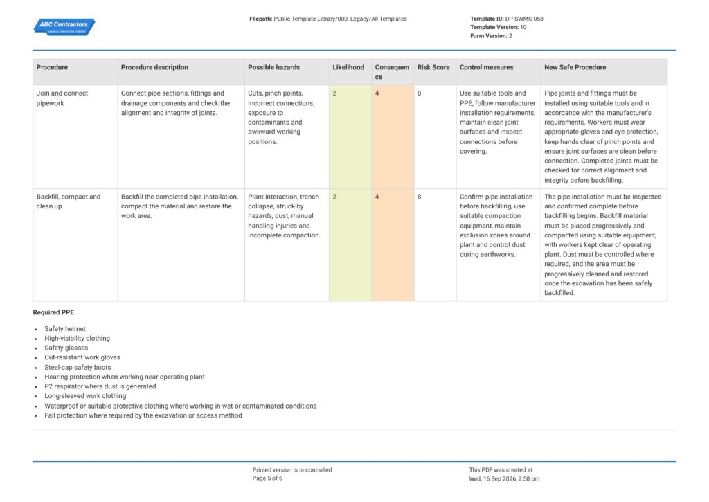 Pipe Laying Safe Work Method Statement