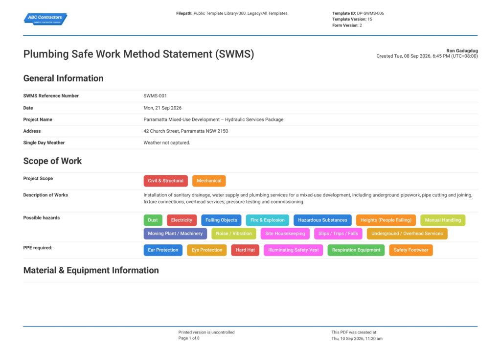 Plumbing Safe Work Method Statement (SWMS)1