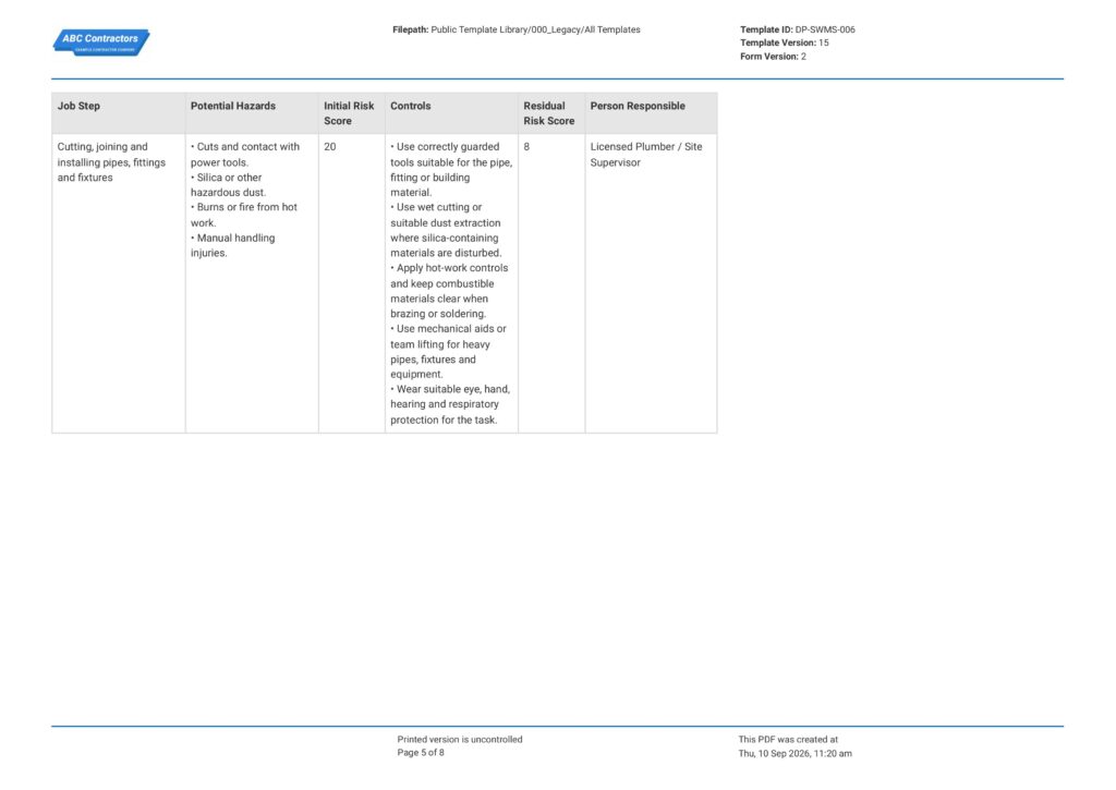 Plumbing Safe Work Method Statement (SWMS)5