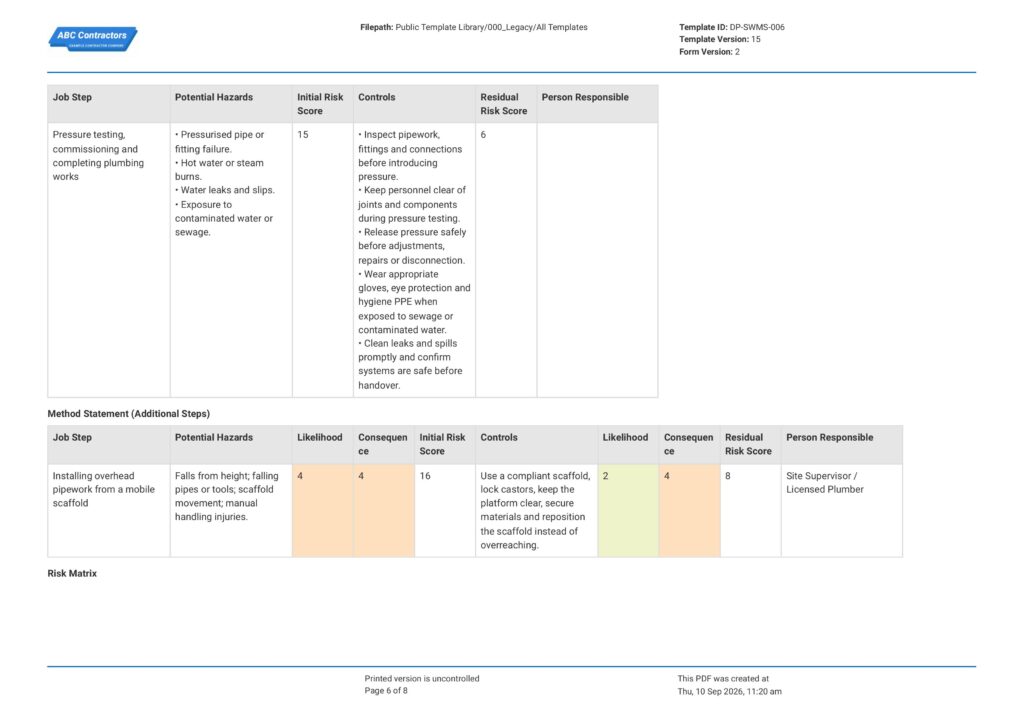 Plumbing Safe Work Method Statement (SWMS)6