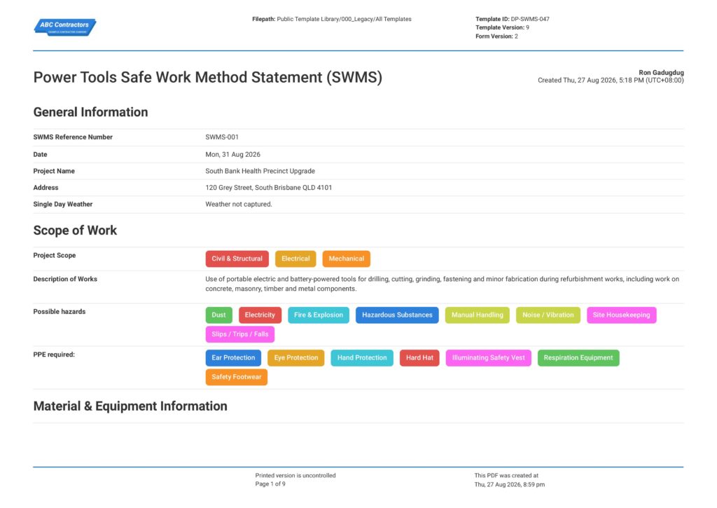 Power Tools Safe Work Method Statement (SWMS)1