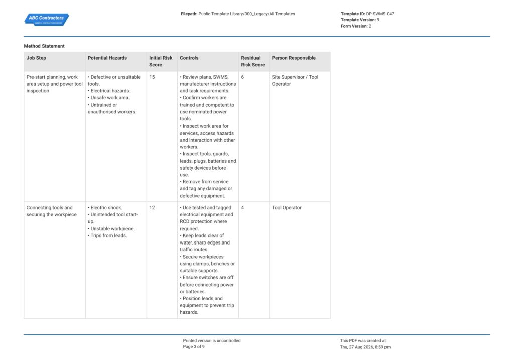 Power Tools Safe Work Method Statement (SWMS)3
