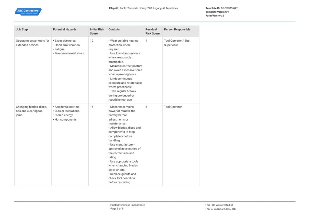 Power Tools Safe Work Method Statement (SWMS)5